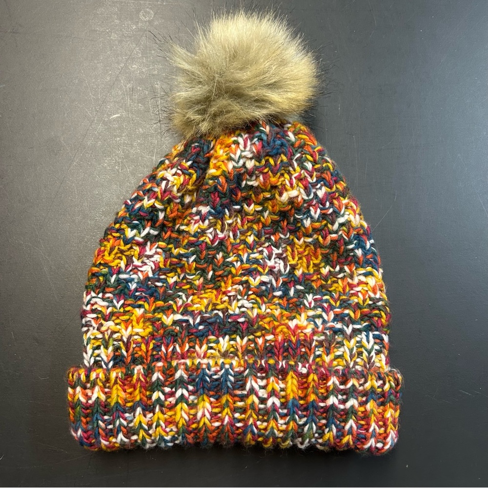 Eddie Bauer fleece lined multi-colored hat with Pom Pom, one size, never worn